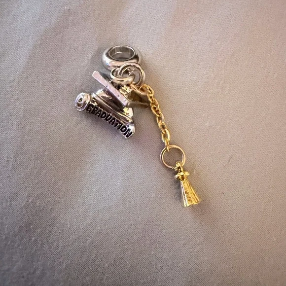 Silver & Gold Graduation Cap and Scroll Dangle Charm - Picture 4 of 6